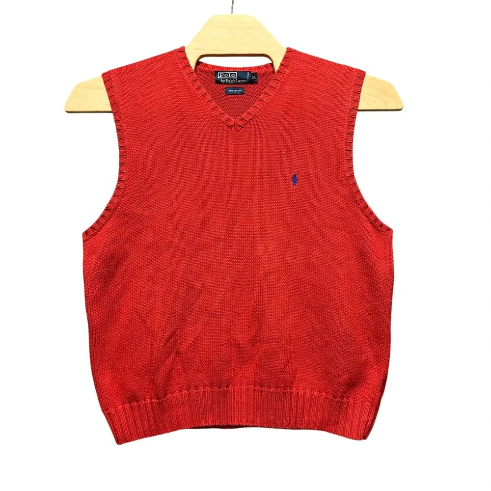 Polo Ralph Lauren Mens XL Red Cotton Knit V-Neck Sweater Vest Blue Pony Logo